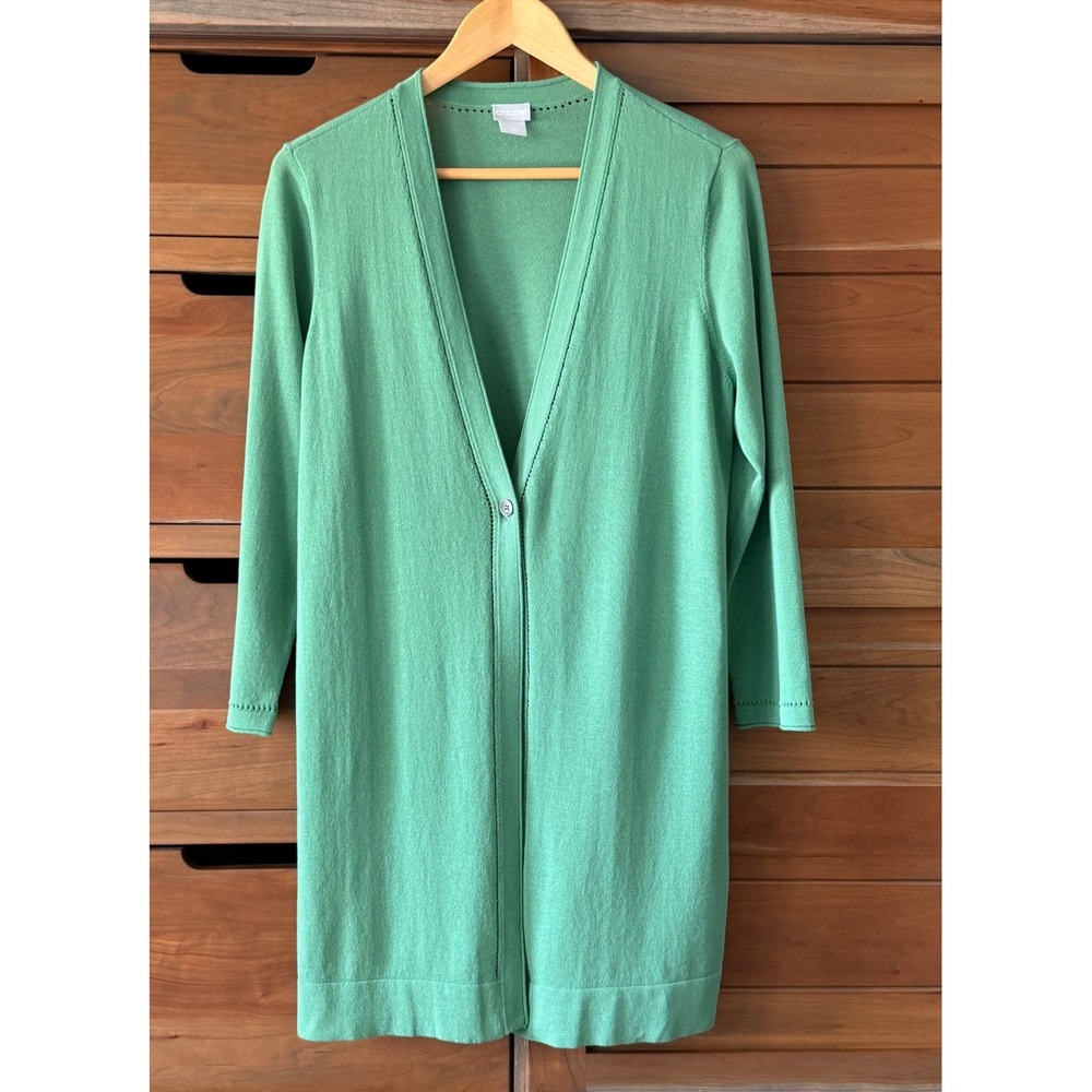 Chico's Size 1 (M) One Button V Neck Long Cardigan Openwork Detail Mint Green